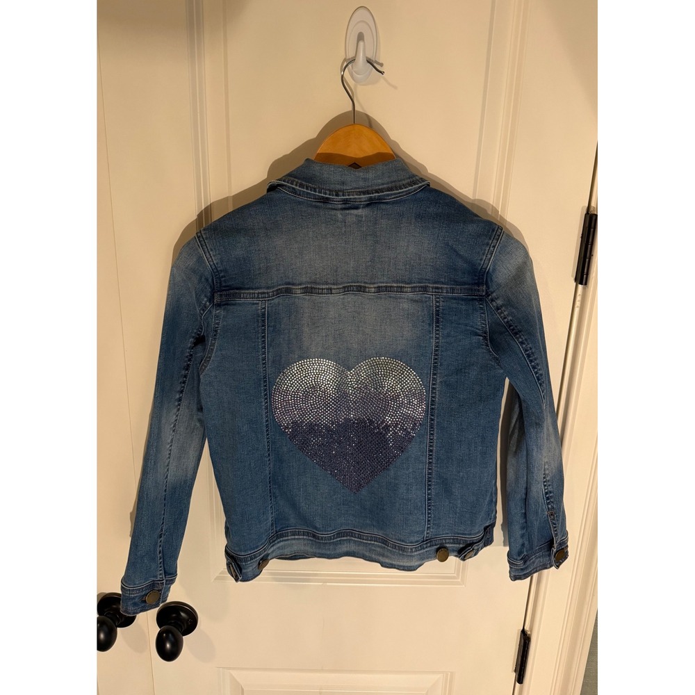 ME.N.U Denim Jacket Medium Wash Rhinestone Heart Star Slim Fit Womens Size M